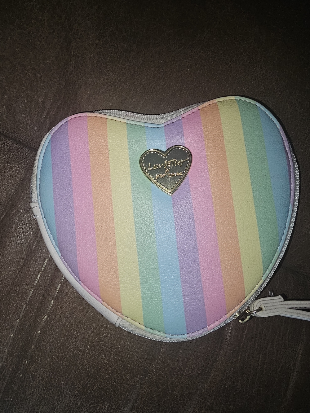 Betsey Johnson Pastel Rainbow Heart Wristlet with Gold Heart Plaque Good Cond